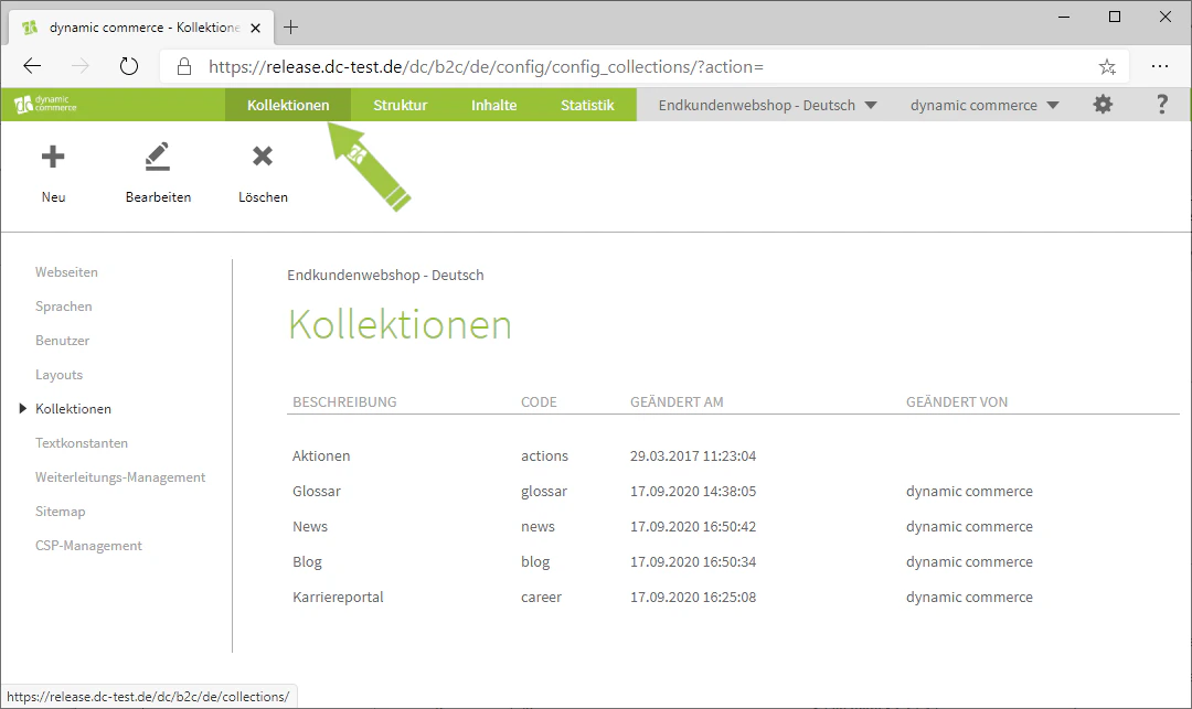 Kollektionen-Tab öffnen