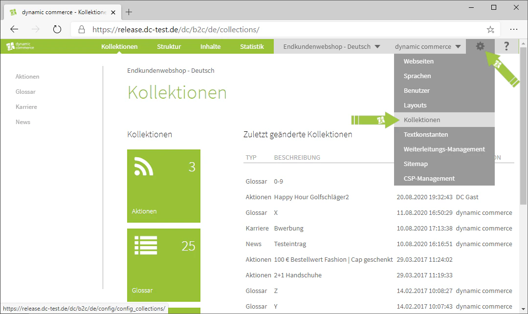 Navigation zum Kollektionen-Menü über das Zahnrad