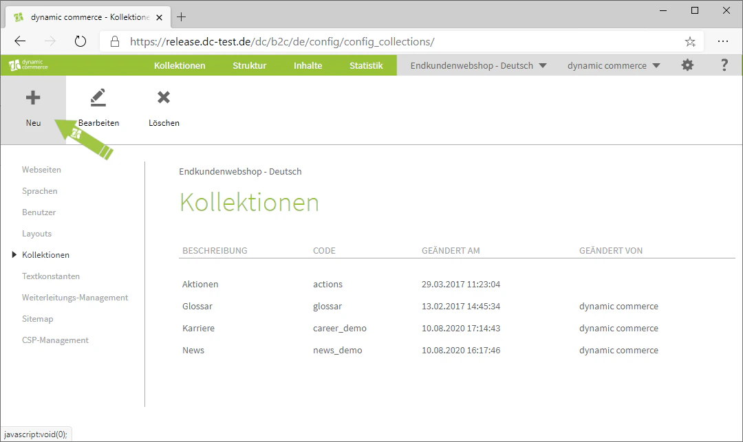 Neue Kollektion über das Plus-Symbol anlegen