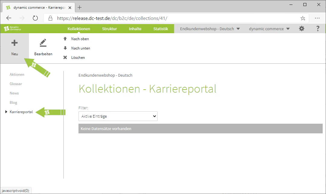 Kollektion wählen und neuen Eintrag erstellen