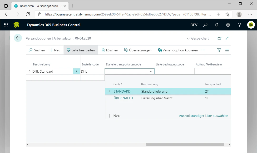 Zustellertransportartencode