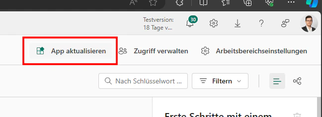 App aktualisieren im Arbeitsbereich