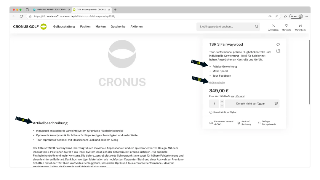 Example configuration in the webshop frontend