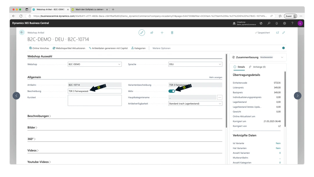 Maintain description and activate webshop item