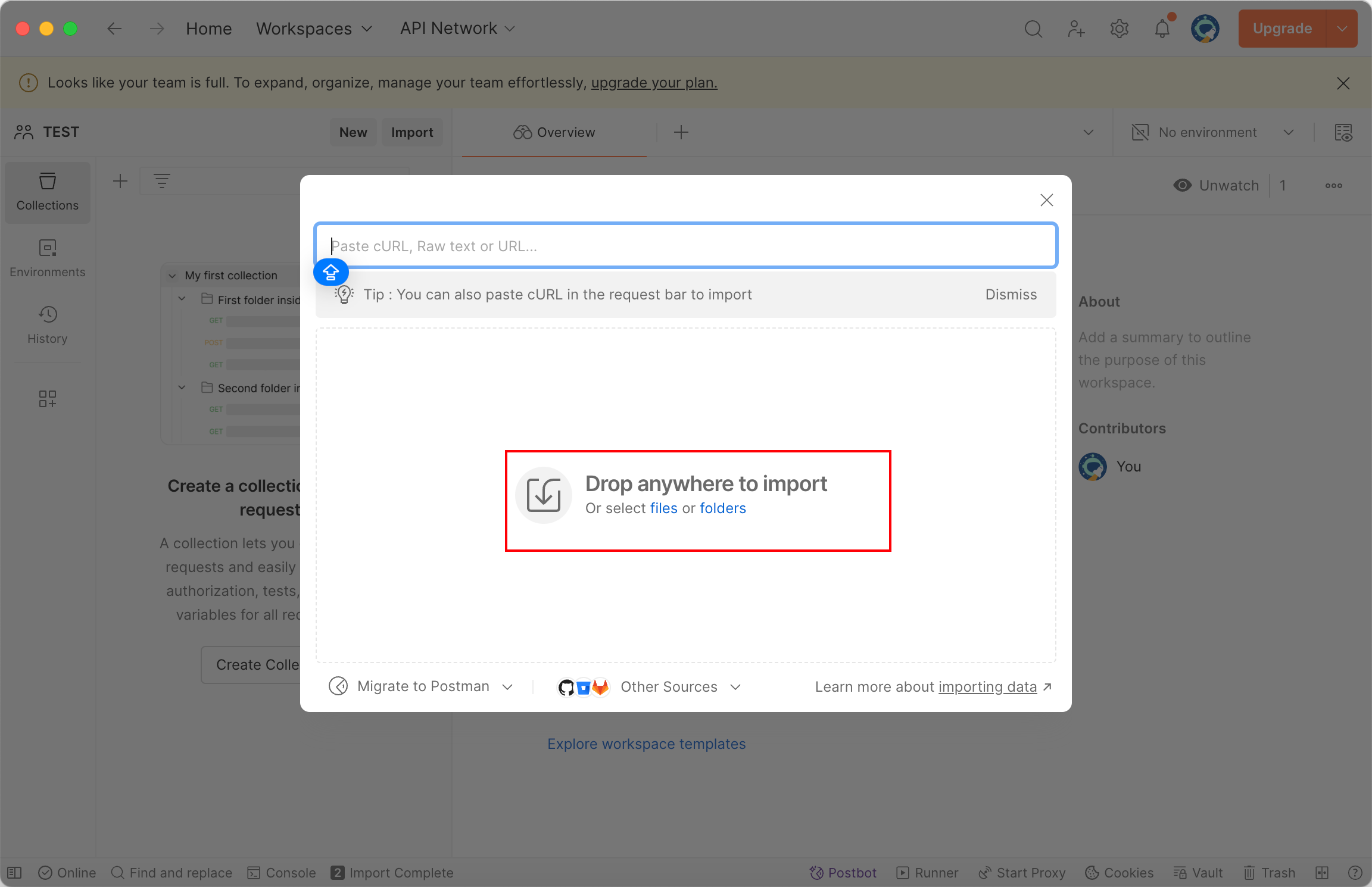 Open the Folders tab in the Import dialog and import the collection and environment files