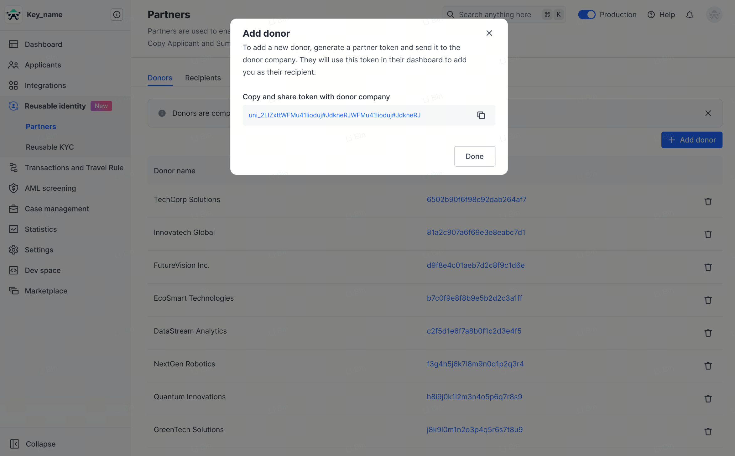 Data recipient: confirm that DCS appears in the Donor list on your own Sumsub platform