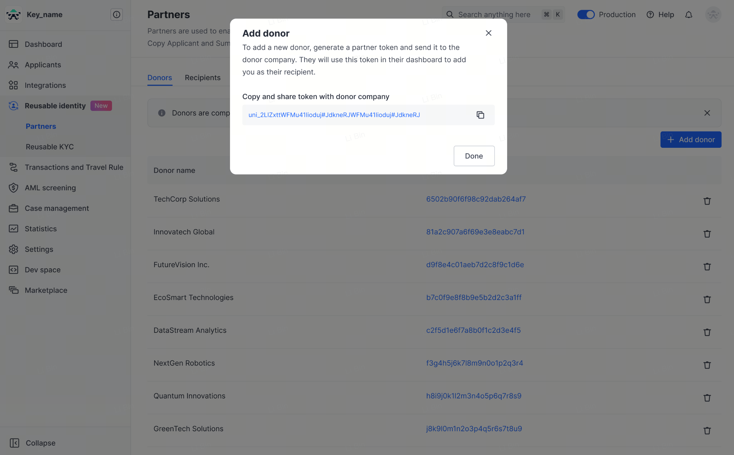 Data recipient: confirm that DCS appears in the Donor list on your own Sumsub platform