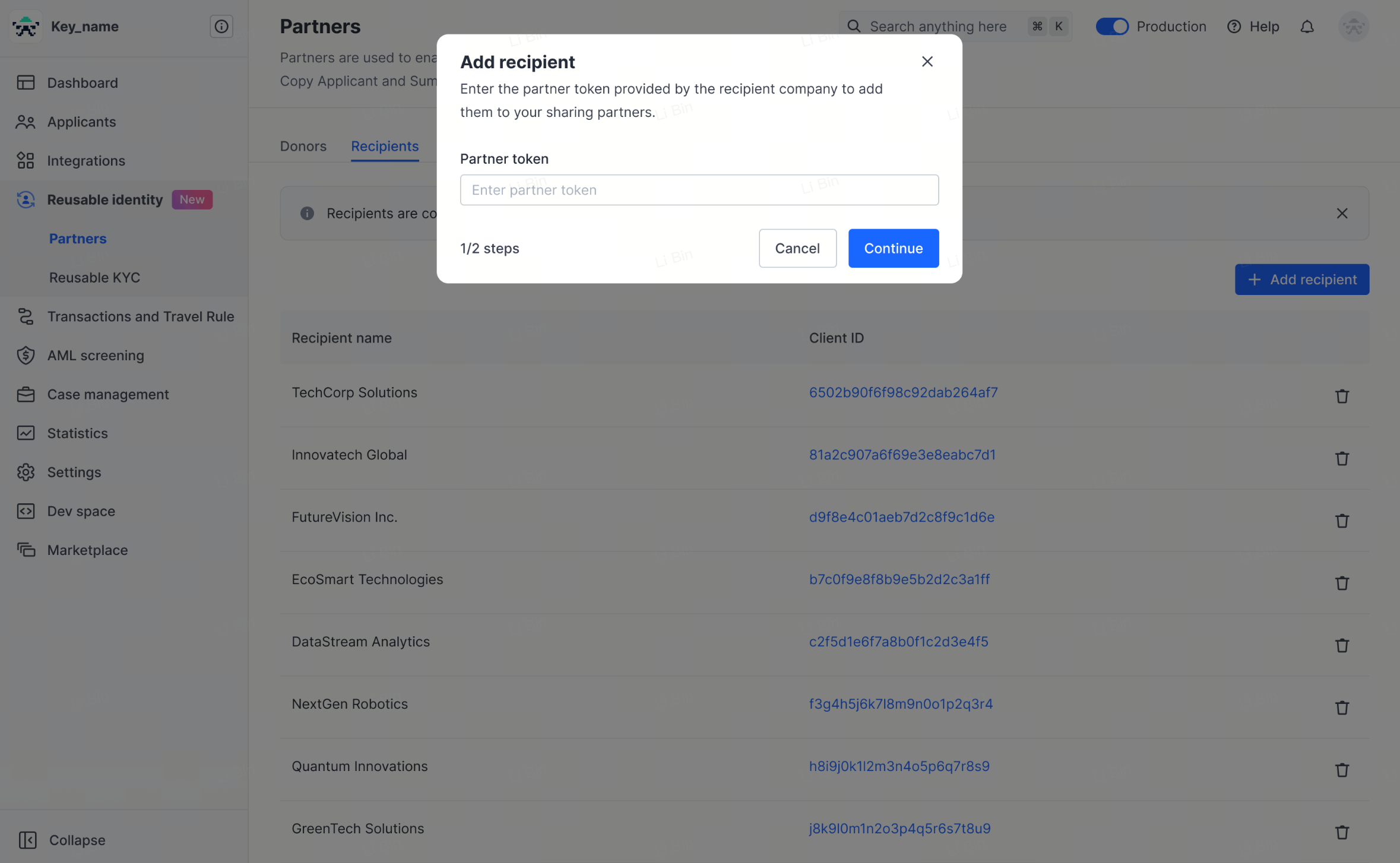 Data provider: add the token under Sharing Partners on your own Sumsub platform