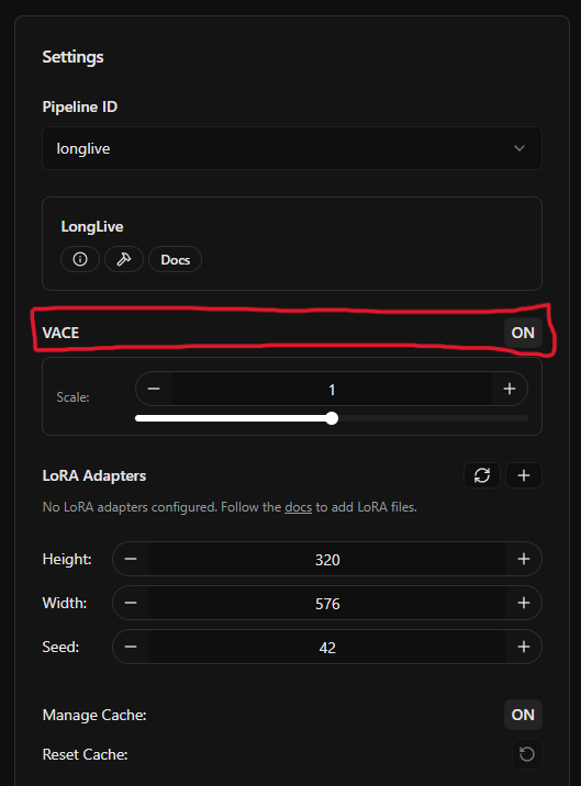 VACE toggle in Settings panel