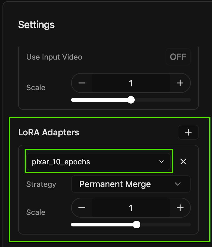 LoRA Adapters panel showing file picker, strategy dropdown, and scale slider