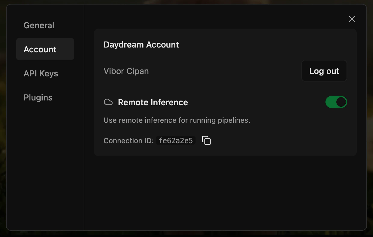 Account settings with Remote Inference enabled and connected