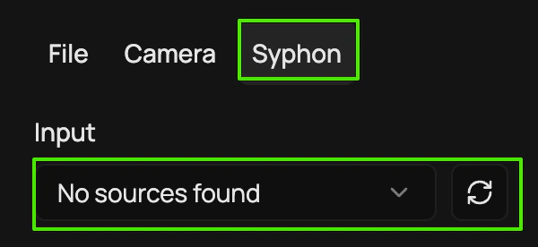 Syphon receiver settings showing the source dropdown with discovered servers