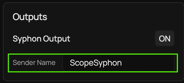 Syphon sender settings showing the enable toggle and sender name field