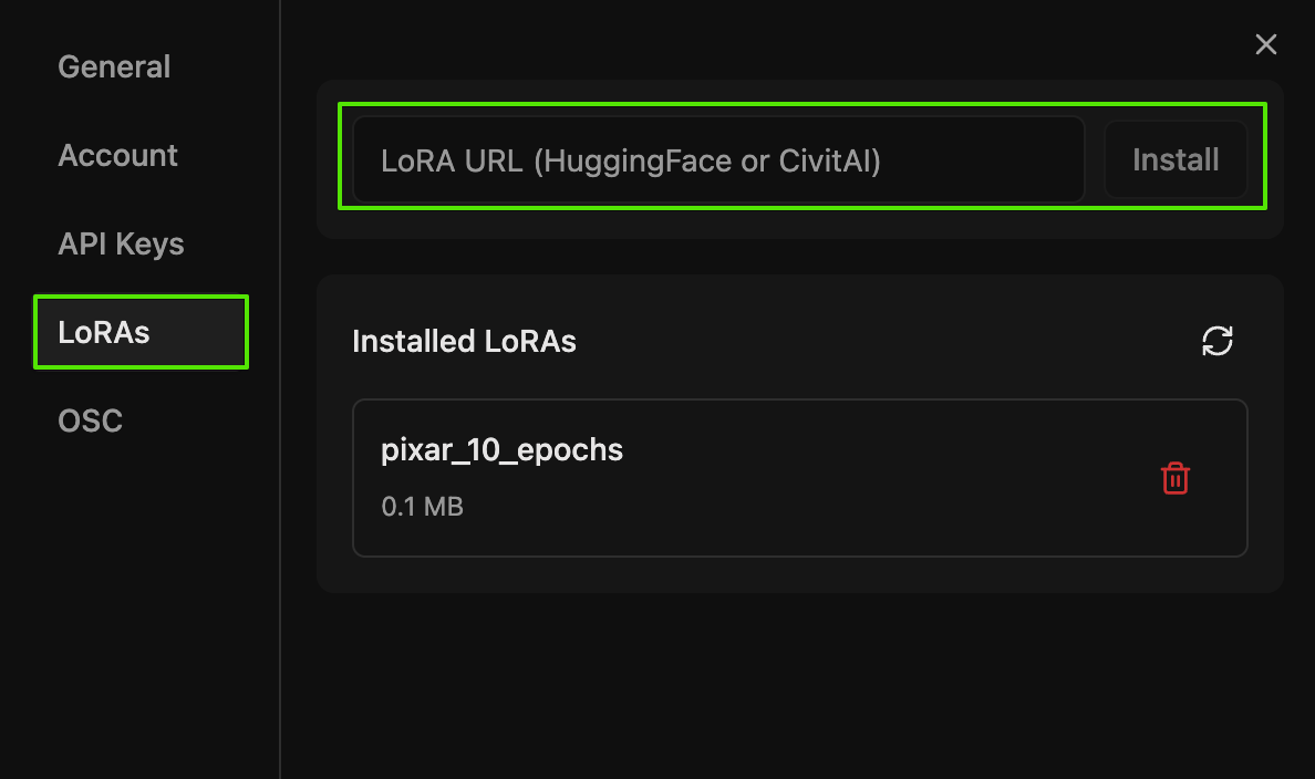 Settings LoRAs tab with URL input and installed LoRAs list
