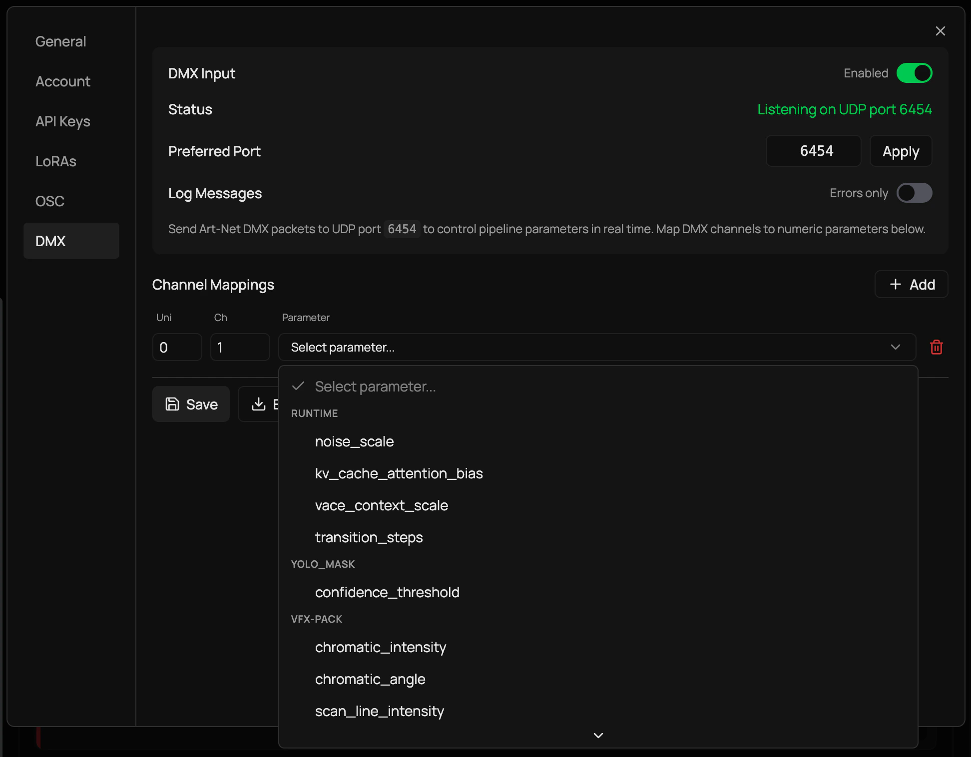 DMX settings tab showing the enable toggle, port status, and channel mappings grid