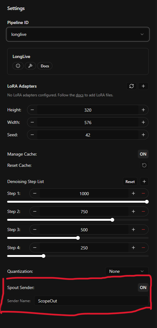 Spout Sender settings
