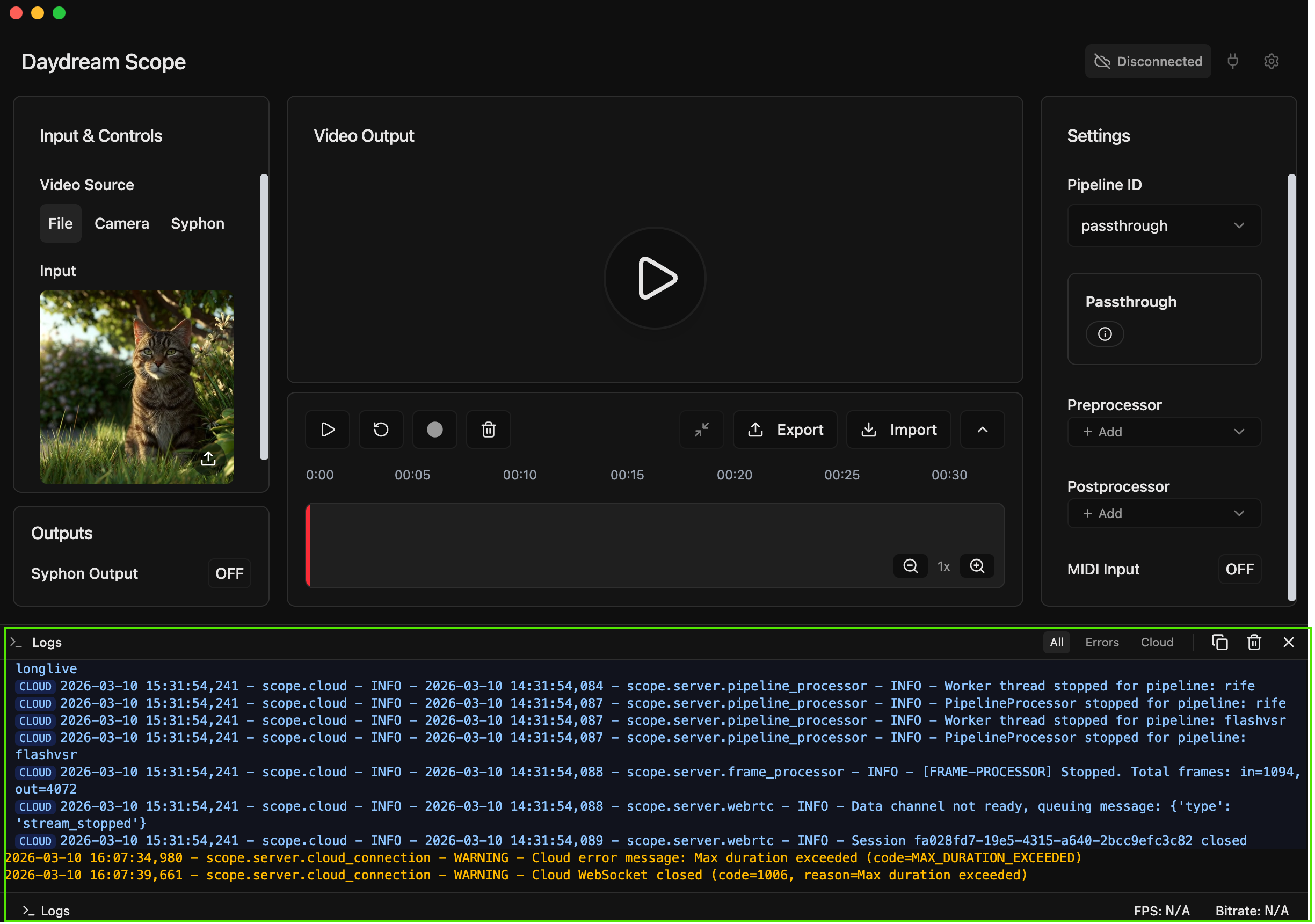 The Scope log panel showing cloud logs with filter tabs, copy and clear buttons