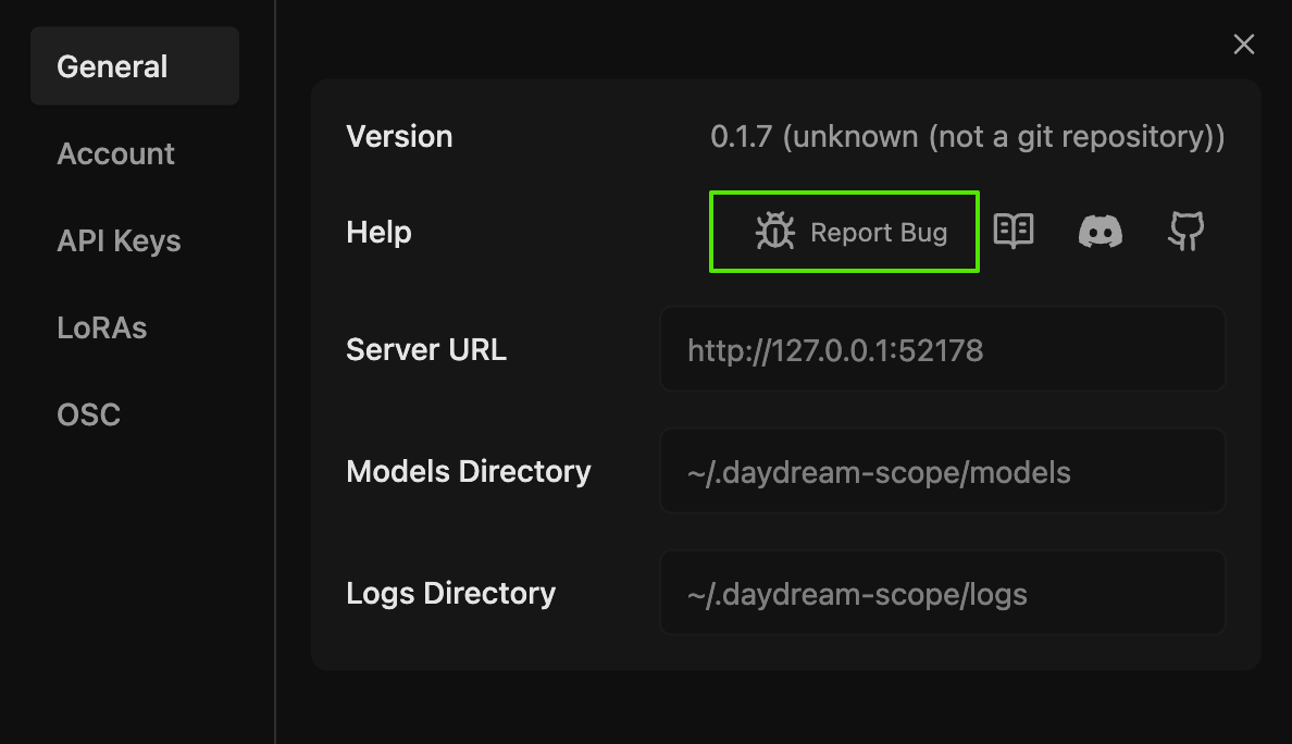 Settings General tab showing the Report Bug button