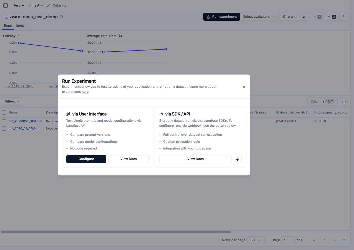 Langfuse run experiment modal