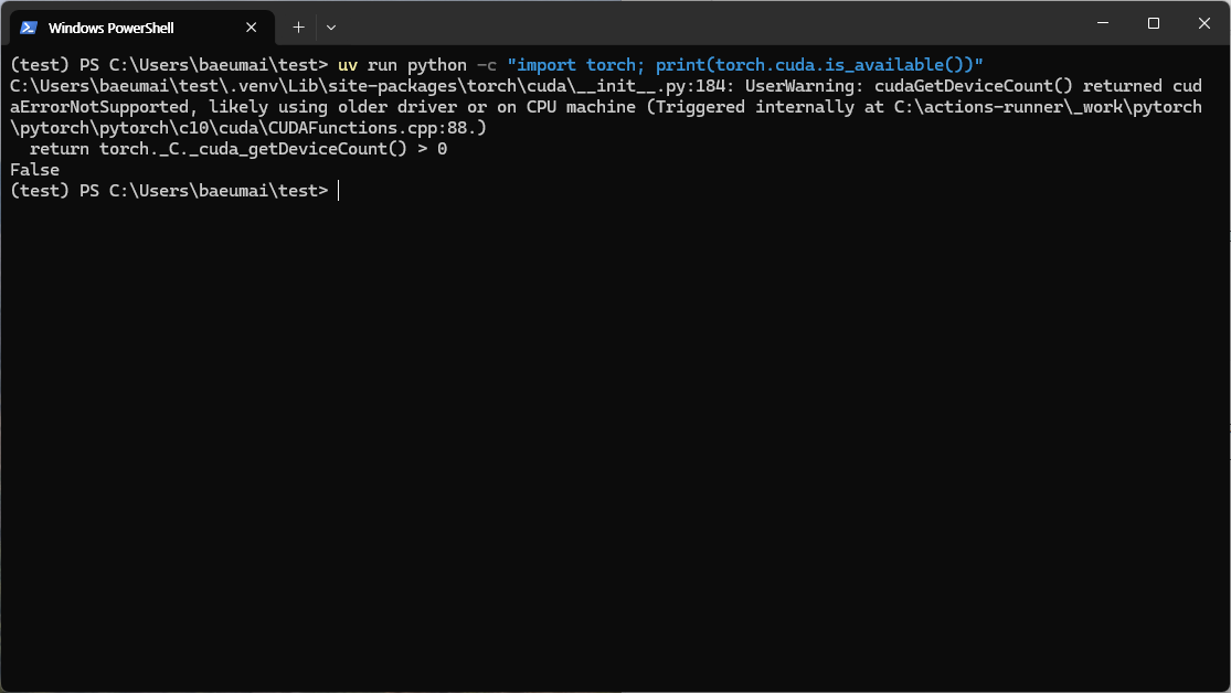 torch.cuda.is_available() 결과 False (드라이버 미설치 상태)