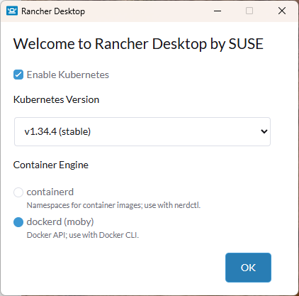 초기 설정 화면 - Kubernetes 활성화, dockerd(moby) 선택