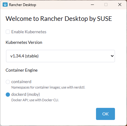 초기 설정 화면 - Kubernetes 비활성화