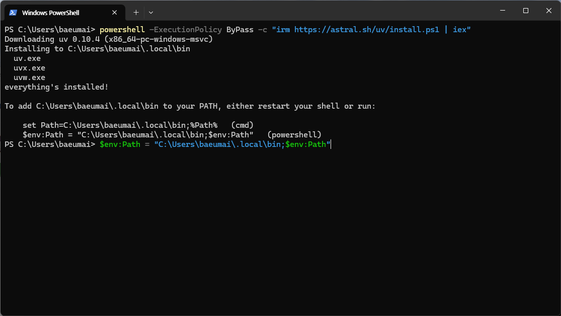 uv 0.10.4 설치 완료
