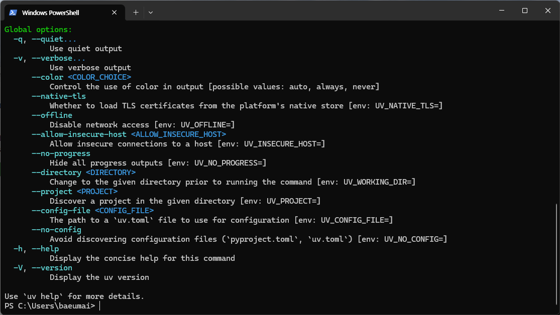 uv 명령어 도움말로 설치 확인