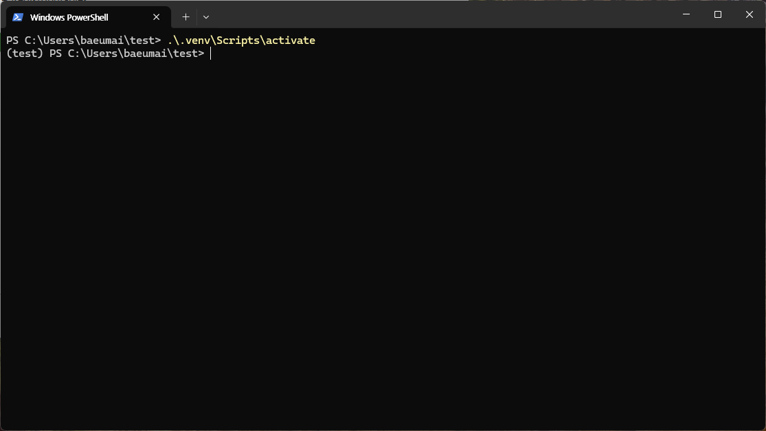 가상환경 활성화 성공 - (test) 프롬프트 표시