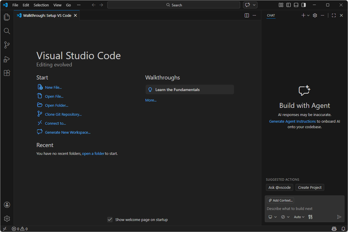 Welcome 탭 - Start 옵션과 Walkthroughs 목록