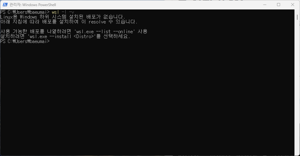 wsl -l -v 실행 결과 - 설치된 배포가 없음