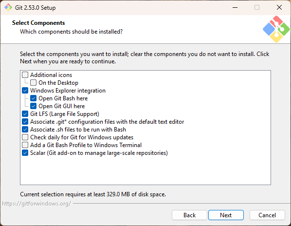 구성 요소 선택 화면 - Windows Explorer 통합, Git LFS, Scalar 등