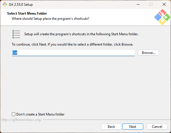 시작 메뉴 폴더 선택 - 기본값 Git