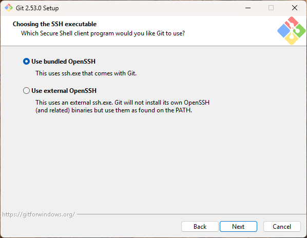 SSH 실행파일 선택 - Use bundled OpenSSH 선택됨