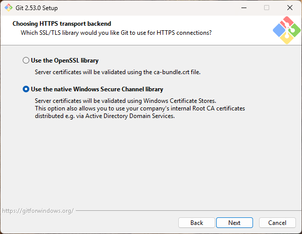 HTTPS 전송 백엔드 선택 - Windows Secure Channel 선택됨
