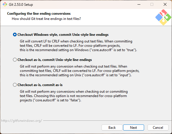 줄바꿈 변환 설정 - Checkout Windows-style, commit Unix-style 선택됨