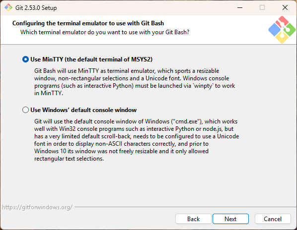 터미널 에뮬레이터 선택 - MinTTY 선택됨