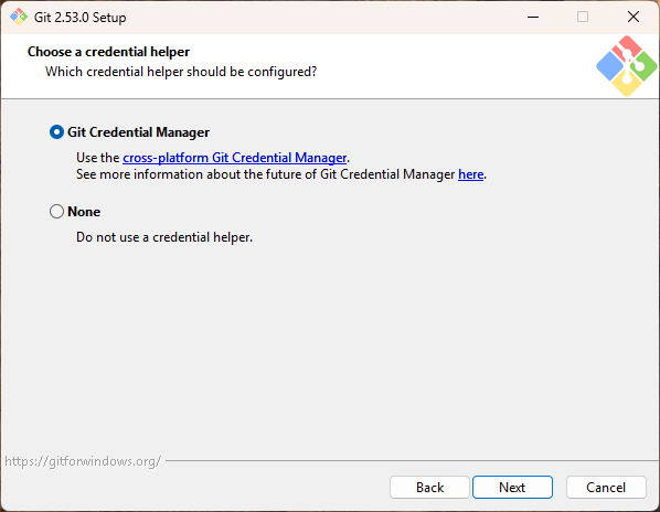 자격 증명 도우미 - Git Credential Manager 선택됨
