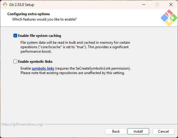 추가 옵션 설정 - Enable file system caching 체크됨