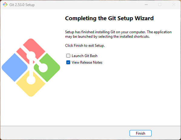 설치 완료 화면 - Launch Git Bash와 View Release Notes 옵션