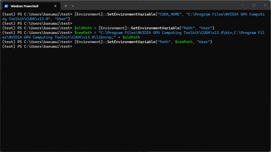 PowerShell에서 CUDA_HOME과 Path 환경변수 설정