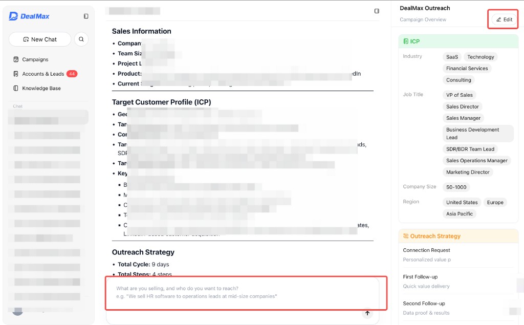 Campaign detail: chat input and Edit panel entry points