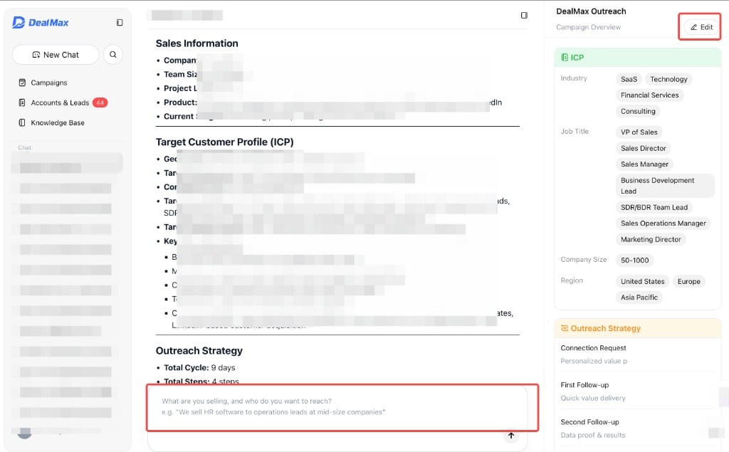 Campaign detail: chat input and Edit panel entry points