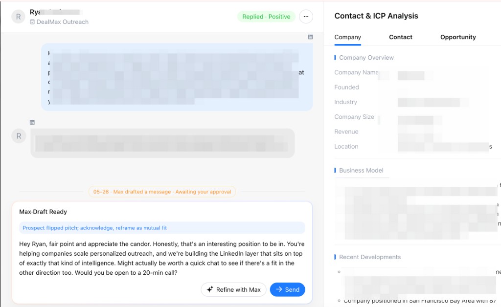 Lead detail: review Max draft and send