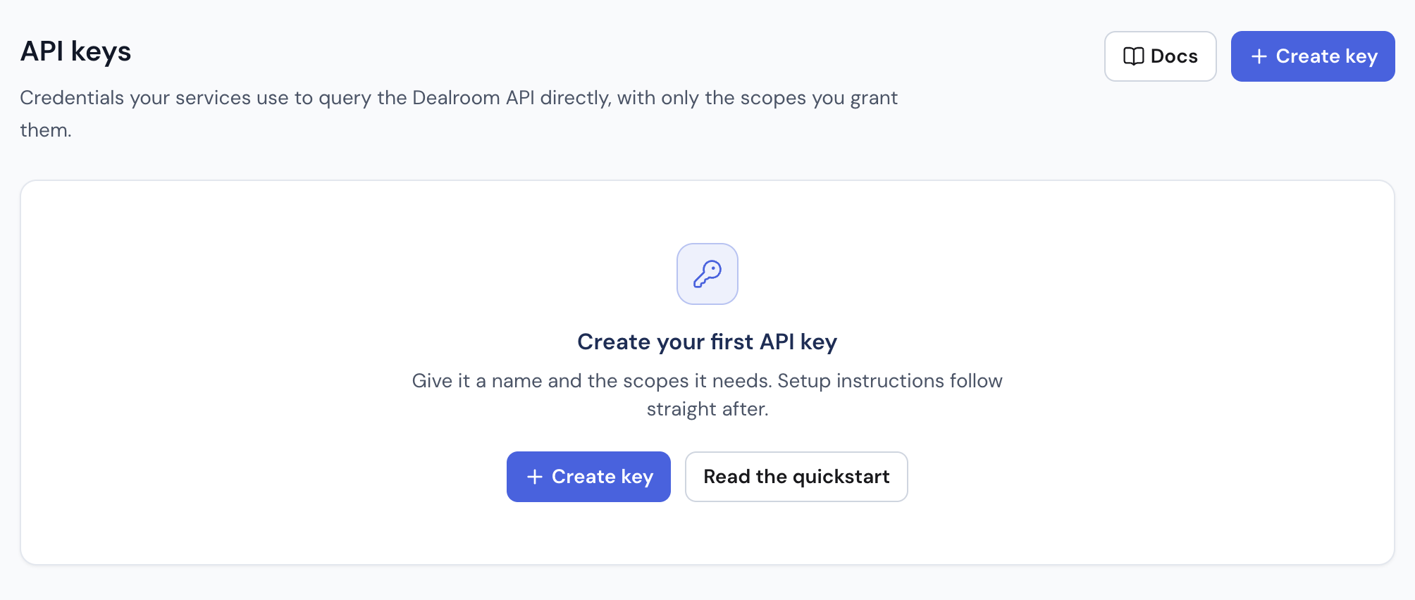 Dealroom API Keys settings page