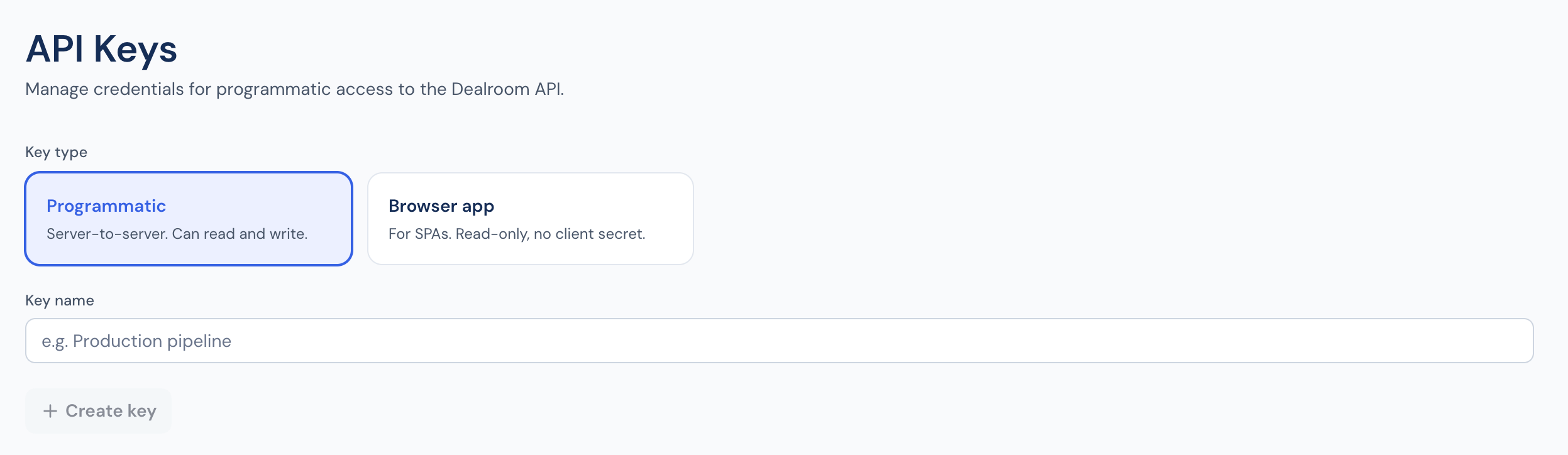 Dealroom API Keys settings page