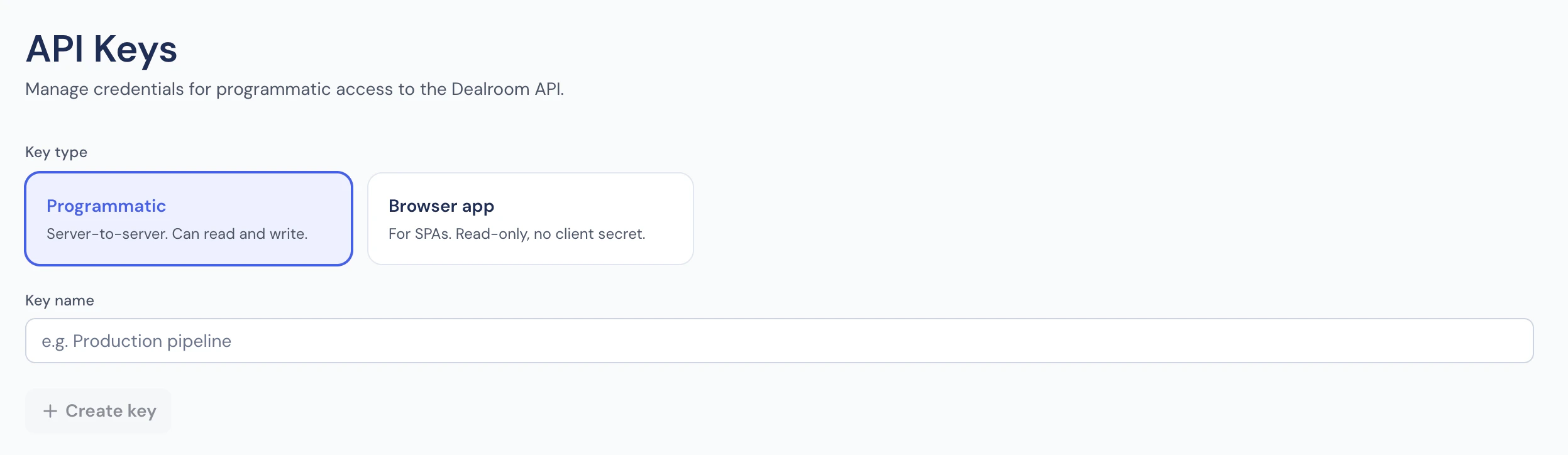 Dealroom API Keys settings page