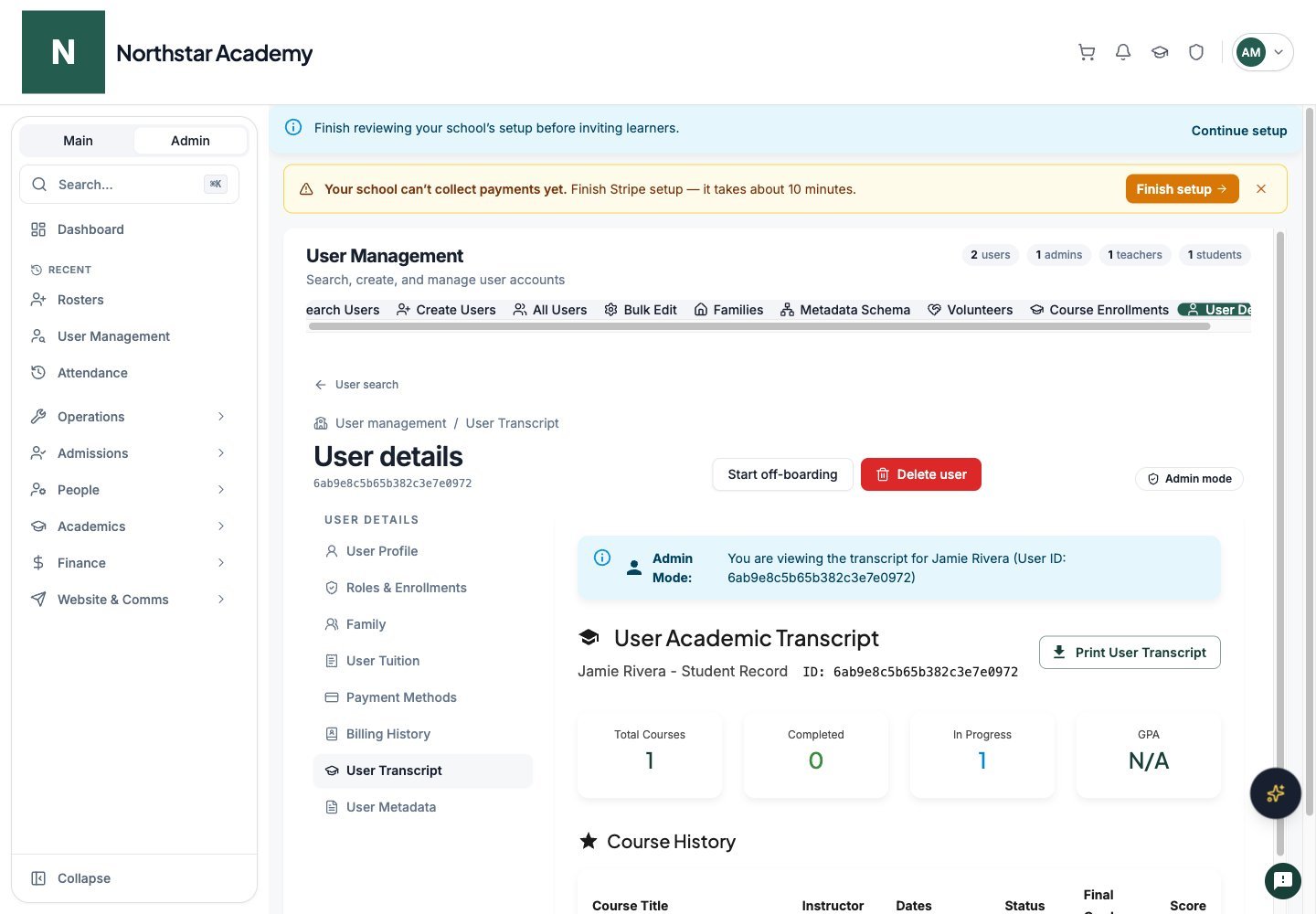 Northstar demo: User Details — User Transcript