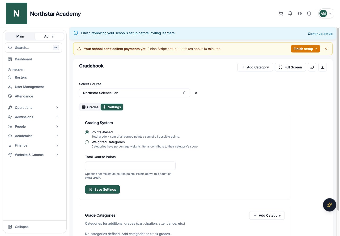 Northstar demo: Course gradebook — Settings