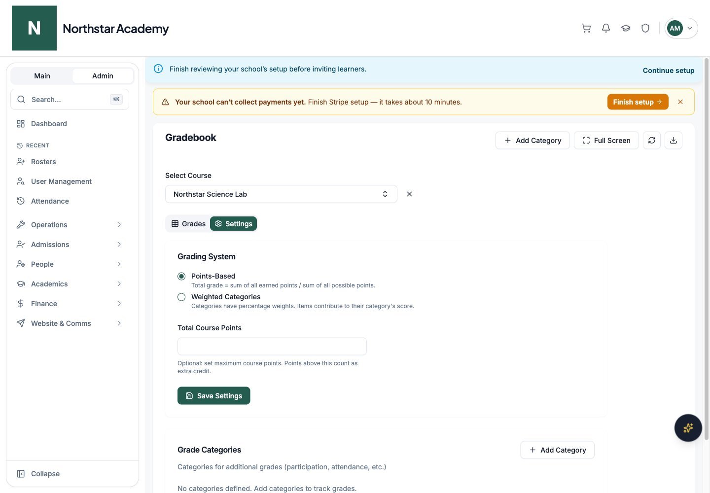 Northstar demo: Course gradebook — Settings